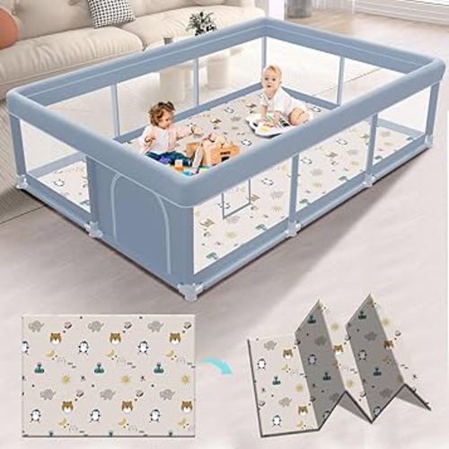 74 x 50 Inch Baby Playpen with Mat, Playpen for Babies and Toddlers, Baby Playard for Indoor & Outdoor Active Center Game Fence, with Skin-Friendly Fabric and Soft Breathable Mesh, Grey