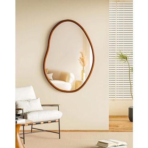 Irregular Wall Mirror Decorative: 32x22 inches Asymmetrical Glass Mirror Abstract Large Silver Vanity with Unique Solid Wooden Frame Edge for Livingroom Diningroom Bedroom Hallway