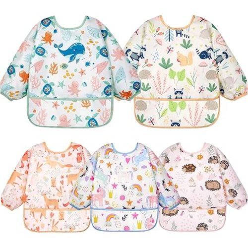 Lictin Long Sleeve Bibs 5 Pack - Baby Bibs, Waterproof Toddler Bibs, Baby Smock for Eating, Baby Bibs for Feeding Teething