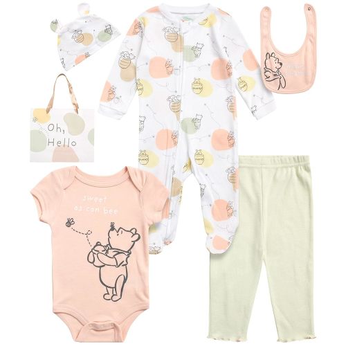 Disney Newborn Baby Girl Boy Clothes - 7 Piece Mickey Mouse Winnie the Pooh Bib Onesie Overall Beanie Pants Gift Bag Gift Set