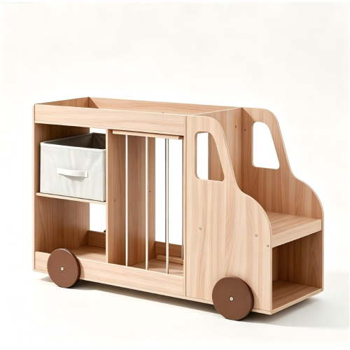 Egsiaanu 4-in-1 Kids Toy Storage Organizer with Rolling Wheels, Car Shape Wooden Bookshelf with Fabric Drawer, Natural