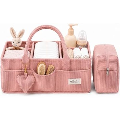 Baby Diaper Caddy Organizer with Matching Zipper Pouch, Soft Corduroy Diaper Storage Basket, Nursery Organizer with Removable Divider, Newborn Essentials, Baby Registry Must Have, Gift for Baby Shower