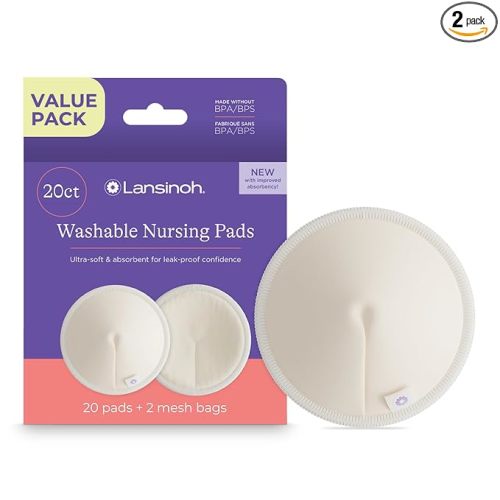 Lansinoh Washable Nursing Pads, Made with Organic Bamboo Viscose, Reusable Breast Pads for Breastfeeding with Wash Bag, Breastfeeding Essentials, 10 Count (Pack of 2)