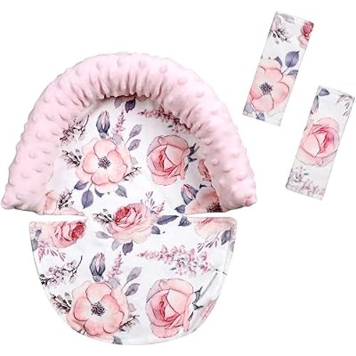 Baby Carseat Headrest, Mink Baby Head Support Girls, Floral Infant Car Seat Insert, Newborn Cushion for Strollers, Pink Flower