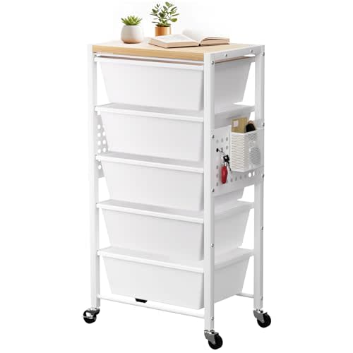Rolling Cart with 5 Drawers, Plastic Drawer Storage Carts with Wheels & Wooden Tabletop, Metal Utility Cart with Pegboards, Office Living Room Classroom Craft Organization and Storage, Bright White