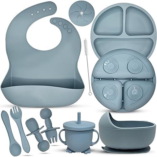 Baby Led Weaning Supplies | 10 Piece Silicone Feeding Set | Baby Toddler Bib Cup Divided Plate and Bowl Self Feeding Spoons Dish Set | Baby Utensils | Toddler Feeding Supplies (Sky)