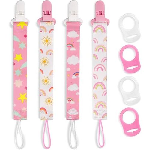 4 Pack Pacifier Clips for Boys Girls, Dummy Clips Baby with Adapters, Silicone Binky Clips for Baby Teething Toys Baby Shower (Pink+White)