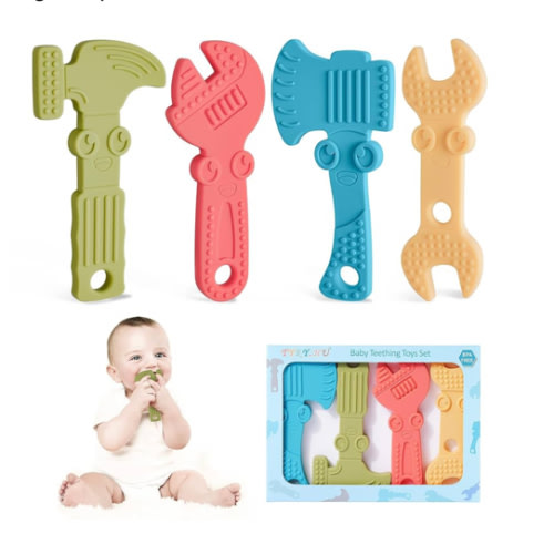 TYRY.HU Baby Teething Toys for Babies 0-6 Months 6-12 Months, BPA Free Silicone Baby Molar Teether Chew Toys, Hammer Wrench Spanner Pliers for Boys Girls, Soft-Textured, Easy to Hold & Clean, 4 Packs