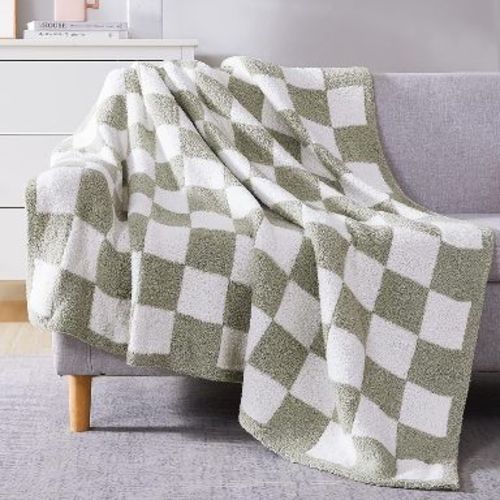 Attop Checkered Throw Blanket, Sage Green Soft Cozy Fluffy Hand Made Throw Blankets for Couch, Sofa, Chair, Bed, Camping, Picnic