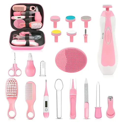 Baby Healthcare and Grooming Kit, 26 in 1 Portable Baby Safety Care Set with Hair Brush Comb Nasal Aspirator Electric Nail Trimmer Set Baby Essentials kit for Newborn Boys Girls (Pink)