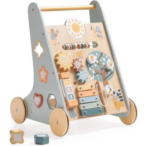 ROBUD Wooden Baby Walker, Baby Push Walker with Activity Center and Storage for Boys and Girls Learning to Stand and Walk