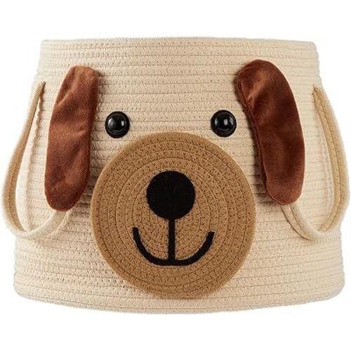 Large Dog Woven Basket with Handles - Toy Storage Bin, Baby Gift & Animal Nursery & Cute Laundry Basket, for Clothes, Towels, Toys (Dog)
