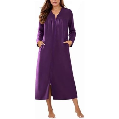 Ekouaer Zipper Robes for Women Long Knit Bathrobes Lightweight Full Length Housecoat with Pockets Nightgown S-3XL