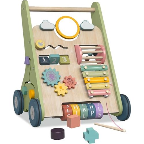 Wooden Baby Walker Wheels,Baby Push Walker for Babies 6-12 Months Montessori,Toddler Walker Push Toy Wooden Activity Walker for Baby Boy,Walking Toys for 1 Year Old Learning to Walk Girl Christmas