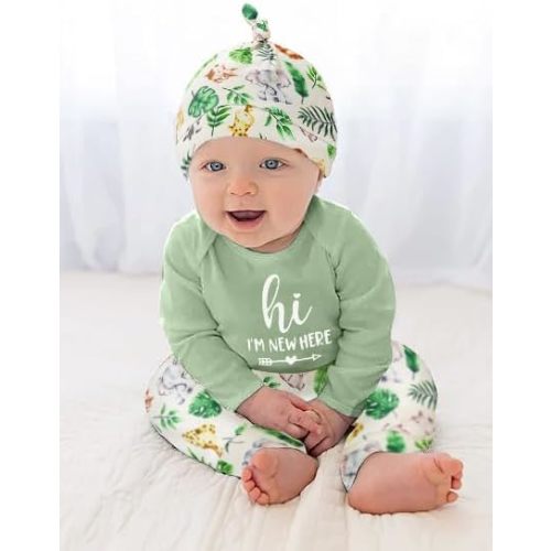 GRNSHTS Newborn Baby Boy Clothes Letter Print Romper+Animal Pants+Mouth watering towel+Socks With Hat Coming Home Outfits - Green