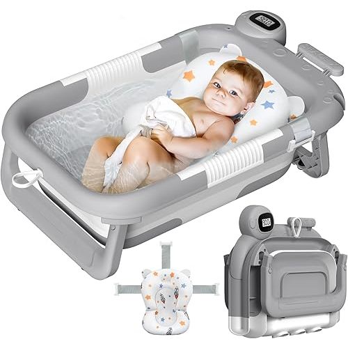 Collapsible Baby Bathtub for Infants to Toddler, Baby Bathtub for Newborn with Thermometer & Soft Floating Cushion, No-Slip Hanging Portable Travel Baby Tub 0-36 Months-Grey