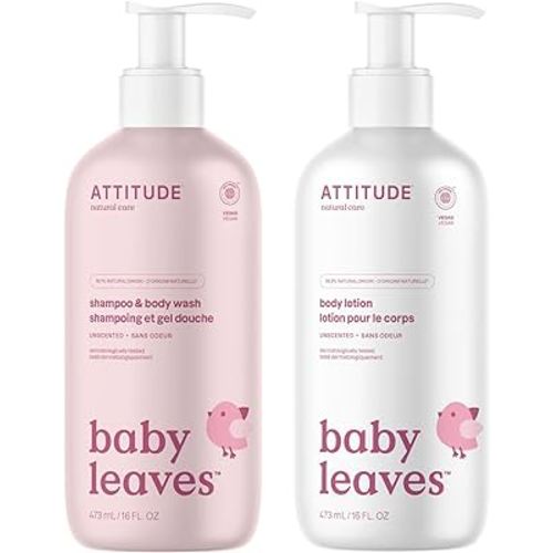 Bundle of ATTITUDE Body Lotion for Baby, EWG Verified, Dermatologically Tested, Plant and Mineral-Based, Vegan, Unscented, 16 Fl Oz + 2-in-1 Shampoo and Body Wash for Baby, Unscented, 16 Fl Oz
