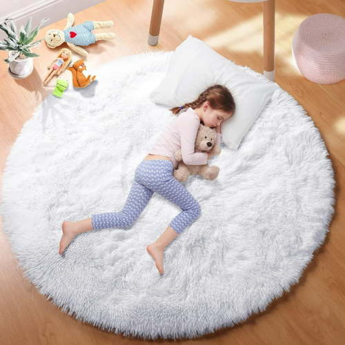 Sanmadrola Round Area Rug for Bedroom Fluffy Circle Rug 5.2'X5.2' for Kids Room Furry Carpet for Girls Bedroom Shaggy Circular Rug for Nursery Room Fuzzy Plush Rug Dorm Cute Room Decor for Baby White
