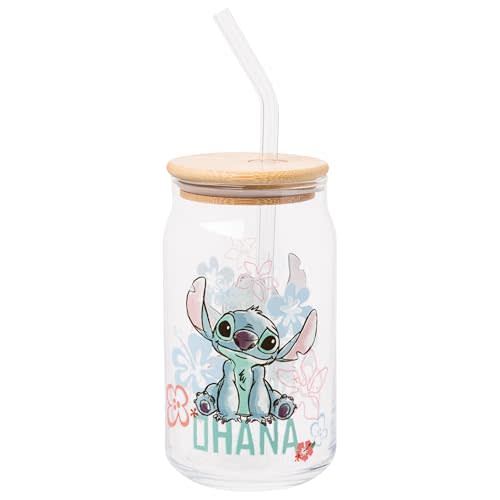 Silver Buffalo Disney Lilo and Stitch Ohana Floral Glass Jar Tumbler with Bamboo Lid and Glass Straw, 16 Ounces