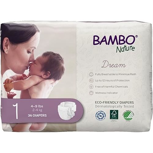 Bambo Nature Hypoallergenic Dream Baby Diapers, Eco-Labeled Sustainable Diapers, Enhanced Leakage Protection, Totally Chlorine-free, Skin Friendly, and Super Absorbent - Size 1 (108 Count)