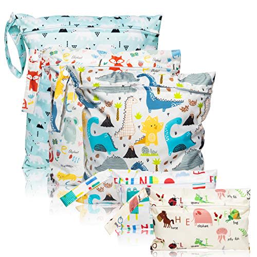 R HORSE 5 Pcs Waterproof Reusable Wet Bag Diaper Baby Cloth Diaper Wet Dry Bags with 2 Zippered Pockets Travel Beach Pool Bag with Polar Bear Dinosaur Animal Alphabet Crocodile Pattern (3 Sizes)
