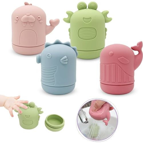 Baby Bath Toys, iselyn 4Packs Bath Toys for Kids Ages 1-3 Silicone Mold Free Bath Toys for Toddlers Non-Toxic Dishwasher Safe Bathtub Toys-Marine Animal - E-4Pcs Marine Animal Bath Toys