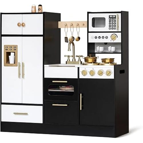 Interactive Wooden Play Kitchen for Kids 3+ Realistic Stove Sounds & Ice Maker Pretend Playset with 12 Kitchen Accessories Montessori Toy