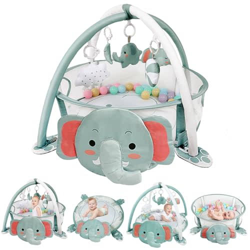 dearlomum 4-in-1 Baby Play Mat Baby Gym,Tummy Time Mat for Floor Activity Gym Ball Pit Including 30 Balls with 5 Infant Learning Sensory Baby Toys for Newborn Toddler Boy & Girl Gifts(Elephant)