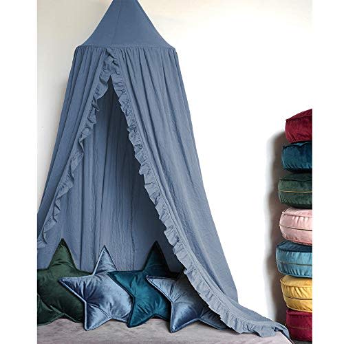 Bed Canopy with Frills Reading Nook Game Tent for Kids Boho Hanging Net Play Room Decor(Blue)