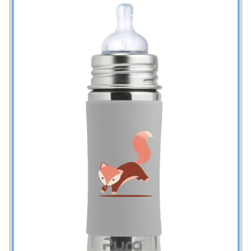Pura Kiki 9oz/275ml Stainless Steel Infant Bottle w/Sleeve, Anti-Colic, 100% Plastic-Free, MadeSafe Certified, Medical-Grade Silicone, Medium-Flow Nipple, for Babies 3 Months & Up - (Fox)