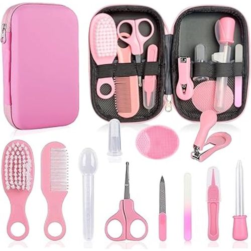 Baby Grooming Kit - Nursery Essentials Baby Registry Shower Gift for Newborns, Infants, Toddlers, Boys, Girls Kids-Safety Baby Comb, Brush, Finger Toothbrush, Nail Clippers, Scissors (Pink 19 in 1)