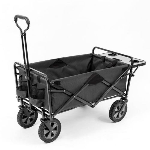 Mac Sports Heavy Duty Steel Frame Collapsible Folding 150 Pound Capacity Outdoor Garden Utility Wagon Yard Cart with Table and Cup Holders, Grey