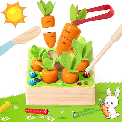 Montessori Toys, Wooden Toys Developmental Shape Sorting & Matching Puzzle Carrots Harvest Game, Birthday Gifts for Toddlers Babies Boys and Girls