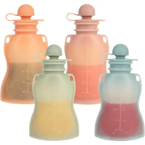 Reusable Baby Food Pouches with Straws, 4 Pack Refillable Silicone Squeezable Pouch for kids Toddlers, BPA Free, Baby Food Storage Containers for Make Homemade, 5 oz