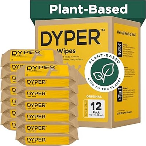 DYPER Baby Wipes | 99% Water | 100% Plant-Based | Hypoallergenic for Sensitive Skin | Fragrance Free | Plastic-Free | 12 Pack, 720 Wipes