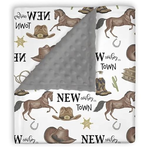Mink Baby Boys Blanket Western New Cowboy in Town, Horse Wild West Boot Hat Soft Double Layer Dotted Backing Receiving Blankets, Newborn Infant Toddler Nursery Crib Bedding 30 x 40