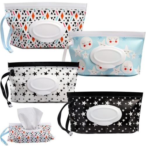 DOMMARE 4 Pack Baby Wipes Dispenser, Portable Travel Wet Wipes Pouch On The Go-Reusable Wipe Holder-Refillable Lightweight Waterproof Container Case with Sealed Zipper to Keep Wipes Clean and Moist