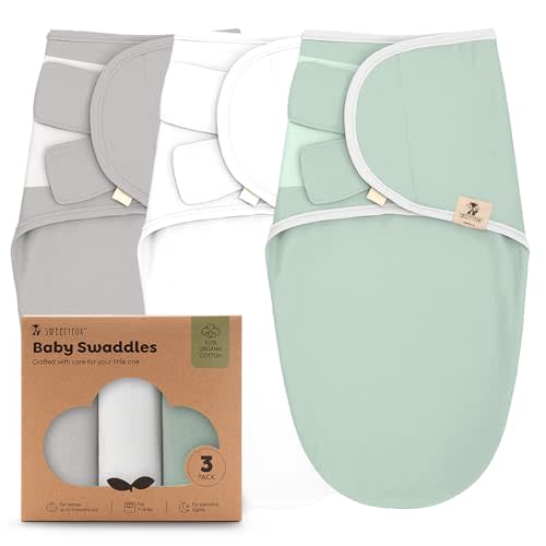 Sweety Fox 3-Pack Organic Baby Swaddle Sleep Sacks - Swaddles for Newborns, Infant 0-3 Months, Baby Girls, Boys, Soft & Snug Newborn Sleep Sack, Nursery Swaddling Blankets, Velcro Closure (Moss)