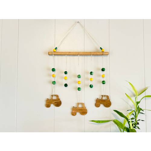 Farm Tractor Wall Hanging: Wooden Bead Art, Mobile Farm Decor Set, Little Boy Nursery, Child&#39;s Bedroom, Playroom, Baby, Boho, Green, Yellow