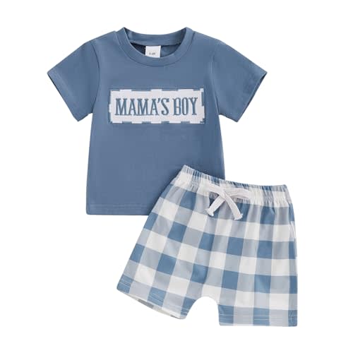 NZNDSHD Baby Boy Summer Clothes Daddys/Mamas Boy Matching Outfit Short Sleeve Embroidery T-shirt Plaid Toddler Shorts Set