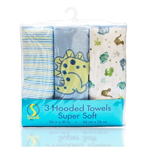 Spasilk 3-Piece Hooded Towel Set for Newborn Boys and Girls, Soft Terry Baby Towels, Baby Essentials, Blue Dino