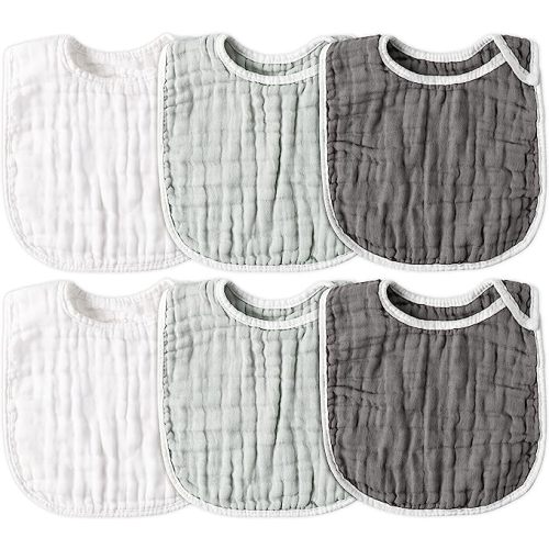 Zainpe 6Pcs Snap Muslin Cotton Baby Bibs White Grey Infants Drooling Bib Soft & Absorbent Adjustable Unisex Burp Cloths Feeding Bibs for Toddlers Girls Boys Newborns Eating Teething 0-24 Months