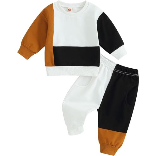 Toddler Baby Boy Outfits Long Sleeve Pocket Pull On Sweatshirt Solid Pants Infant Fall Winter Clothes Set - White Black Brown D - 6-12 Months