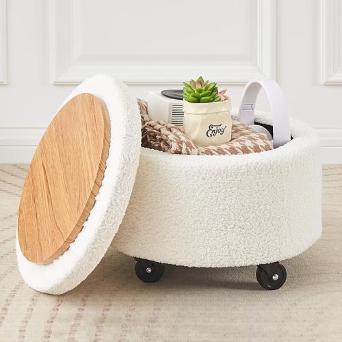 Cpintltr Storage Ottoman Round Wheel Stool Rolling Ottoman with 360° Wheels Footstool Modern Footrest Soft Padded Seat Accent Storage Coffee Table for Living Room Bedroom Teddy Velvet White - 15inch * 15inch * 10.6inch - Teddy Velvet Cream