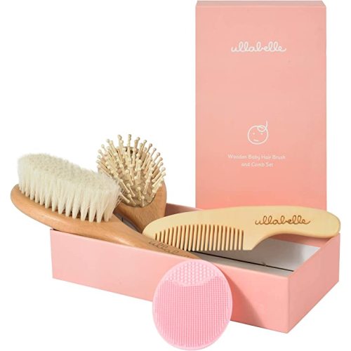 4 Piece Wooden Baby Hair Brush and Comb Set for Newborns & Toddlers in Chic Gift Box - Ultra Soft Natural Goat Hair and Wood Baby Brush Set Prevents Cradle Cap - Perfect Registry Gift (Pink)