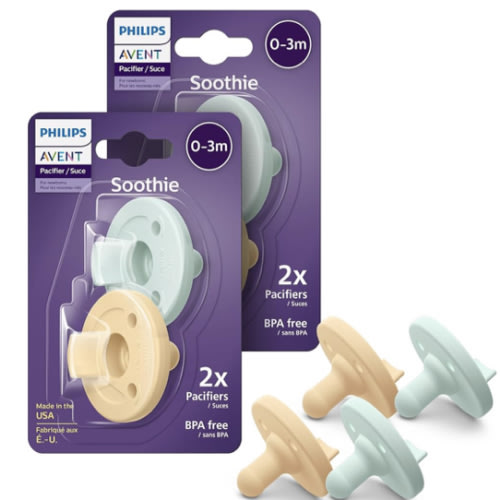 Philips Avent Soothie Orthodontic Baby Pacifiers, 100% Silicone Pacifiers, One Piece, BPA-Free, for Babies 0-3 Months, 2 Green and 2 Yellow, 4 Pack, Model SCF190/71