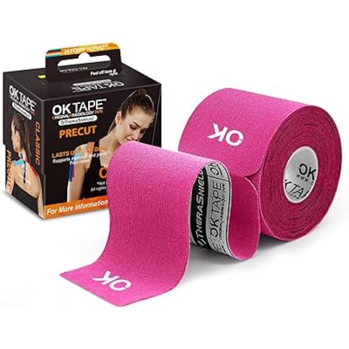 OK TAPE Kinesiology Tape 10 inches Precut, 20 Strips, Cotton Elastic Athletic Tape Latex Free, 2inch x 16ft, Pink