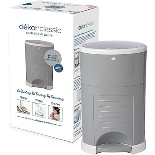 Dekor Classic Hands-Free Diaper Pail | Gray | Easiest to Use | Just Step – Drop – Done | Doesn’t Absorb Odors | 20 Second Bag Change | Most Economical Refill System