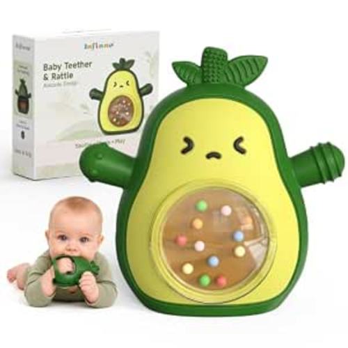 Infinno Avocado Silicone Teething Toy with Rattle for Infant 3-12 Months