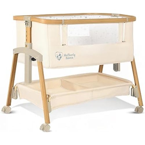 Baby Bassinet Bedside Sleeper, Portable Crib for Newborns, Adjustable 7-Height Auto-Lock, with Wheels, Soft Mattress & Breathable Mesh (Beige)